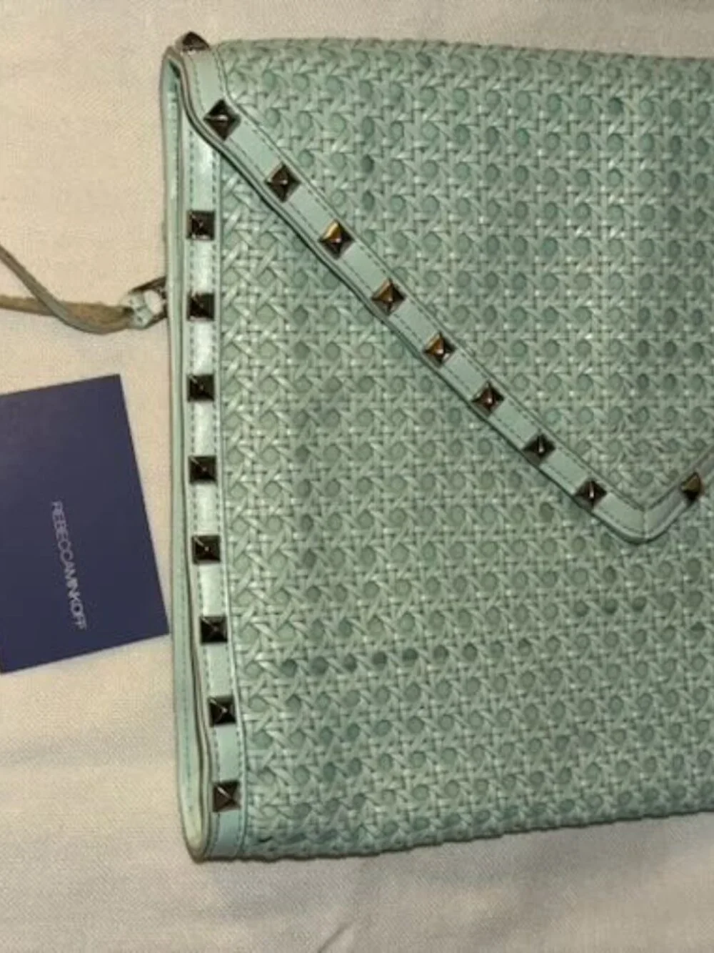 Rabecca Minkoff Leather Mint green Large envelope silver Accent studs woven Clut